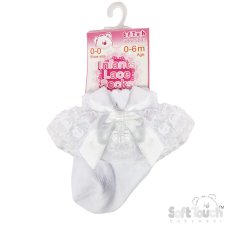 S115-W: White Lace Socks w/Flower Trim & Bow (NB-18 Months)
